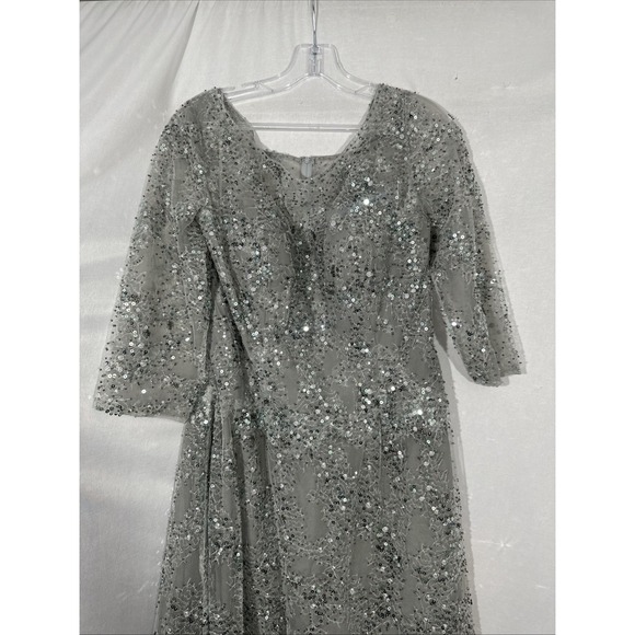 NWT $458 La Femme [ 10 ] 30002 Lace Beaded Short Midi A Line Dress Silver S2106 - Picture 9 of 13